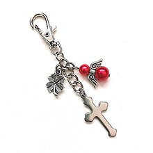 Kľúčenky - Kľúčenka "krížik" s anjelikom (červenoružová) - 14442781_