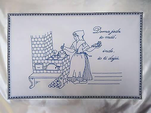 Úžitkový textil - Kuchynská plátená nástenka ručne vyšívaná "Doma jedz, čo máš, inde, čo ti dajú." (modrá) - 14458816_