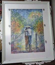 Obrazy - Prechádzka v daždi...(akvarel) (biely drevený rám) - 14462256_