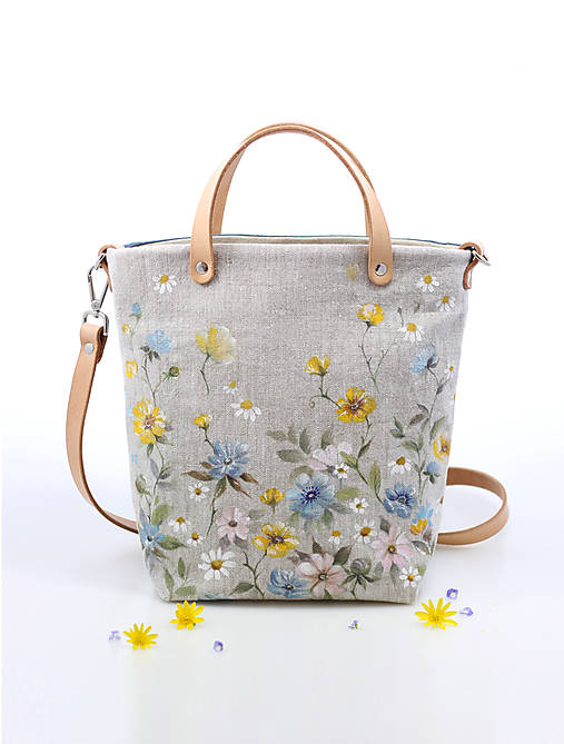 Ručne maľovaná kvetinová kabelka z ľanu "Nádej"
