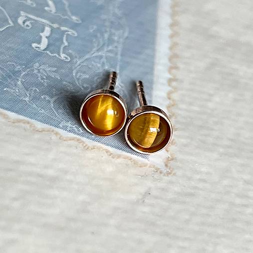 Náušnice - Tiger Eye Silver Ag925 Rose Gold Plated Stud Earrings / Náušnice s tigrím okom - 14486029_