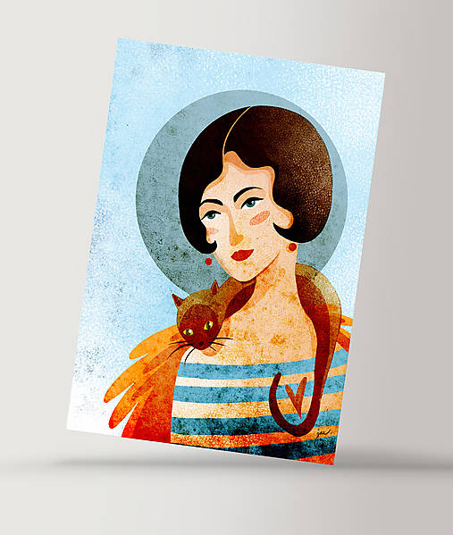 Grafika - Žena s mačkou - print  - 14484987_