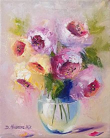 Obrazy - Obraz "Kvetiny v sklenenej váze", olejomaľba, plátno, 24x30 cm - 14496514_