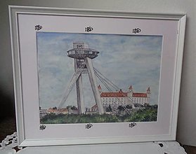 Obrazy - Bratislavské UFO...(akvarel) (biely drevený rám) - 14499398_