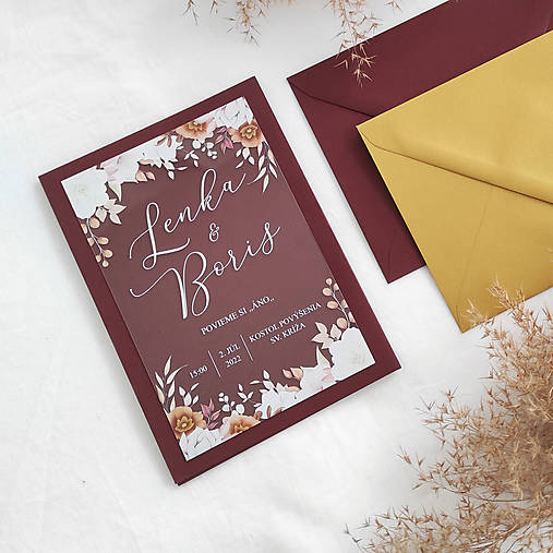 Transparentné svadobné oznámenie - Hnedé kvety