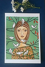 Obrazy - Dievča a vtáčiky, 15 x 21 cm,  kombinovaná technika - 14515075_