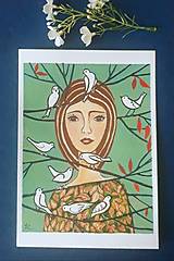 Obrazy - Dievča a vtáčiky, 15 x 21 cm,  kombinovaná technika - 14515077_