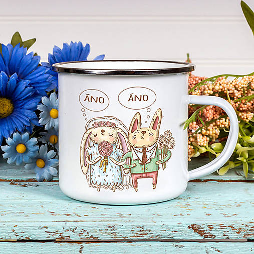 Nádoby - SVADOBNÝ 3 smaltovaný hrnček s obrázkom a textom - 14517002_