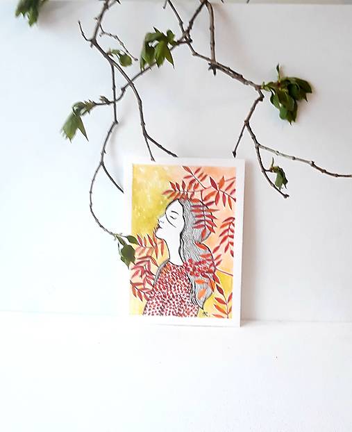 Obrazy - Deva a jarabina, 15 x 21 cm, akvarel - 14521110_