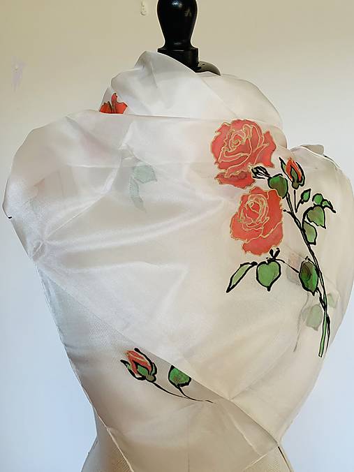 Maľovaný hodvábny šál Ružičky