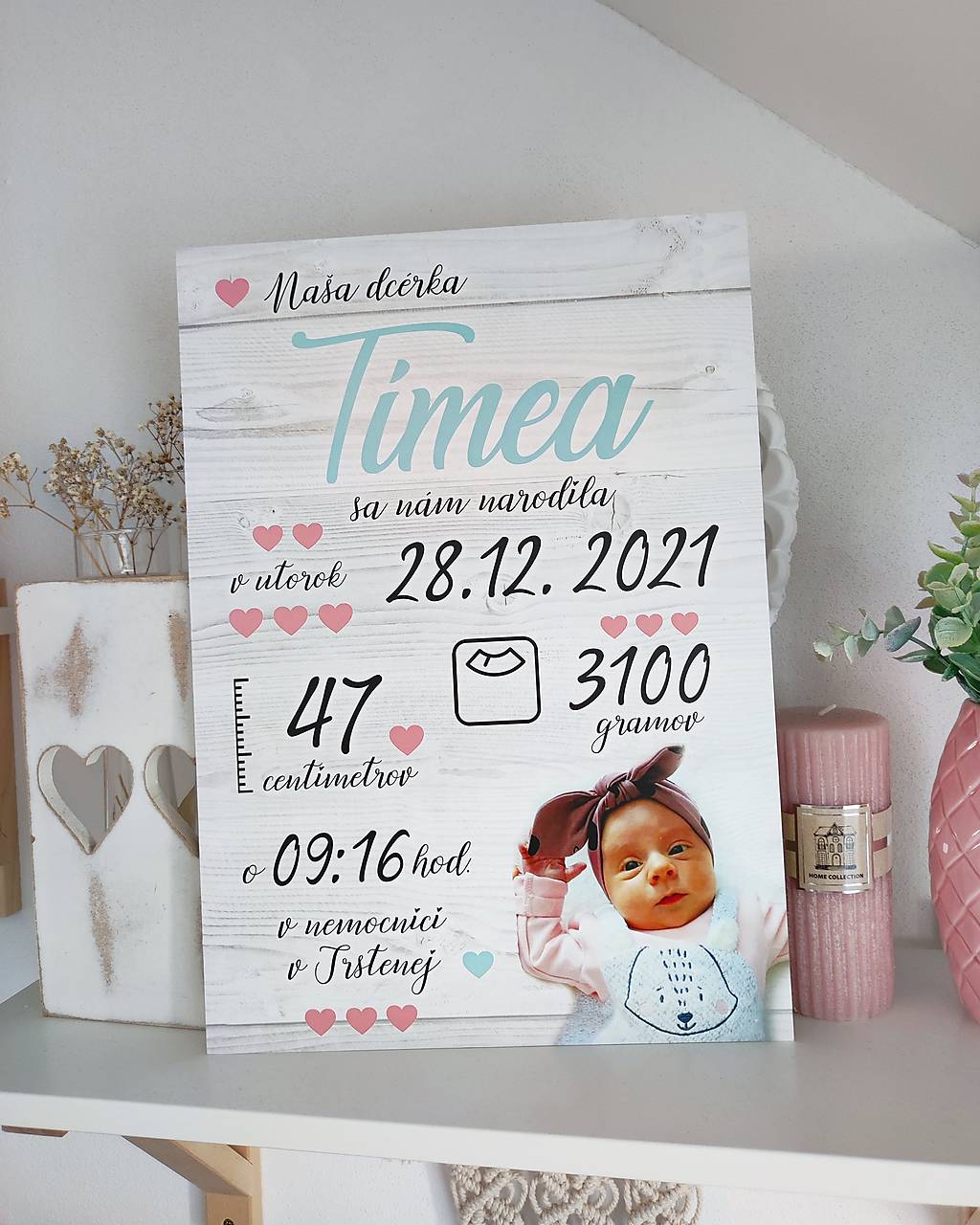 Detská tabuľka, tabuľka pre dieťa s údajmi o narodení dieťatka (Font - kaligrafický 38x27)