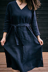 Šaty - Ľanové dlhé šaty s opaskom, modré - 14529952_