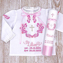 Detské oblečenie - Folklórna košieľka na krst ružová (set košieľka + sviečka + darčeková krabica) - 14531285_