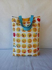 Detské tašky - Menšia taška z hrubšej dekoračnej látky s motívom smajlíkov (modré uši) - 14542798_