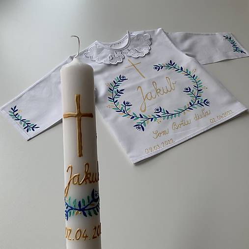 Krstná maľovaná košieľka + svieca v (tyrkysovozlatej s maľbou na rukávoch)