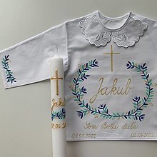 Detské oblečenie - Krstná maľovaná košieľka + svieca v (tyrkysovozlatej s maľbou na rukávoch) - 14543581_