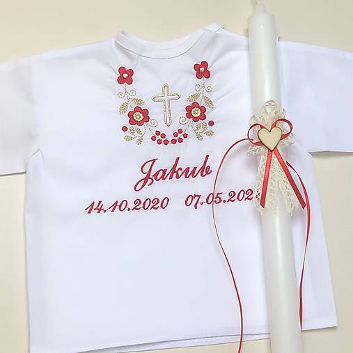 Detské oblečenie - Košieľka na krst k14 červená zlatá a sviečka na krst čipka, srdiečko a červená stuha - 14543795_