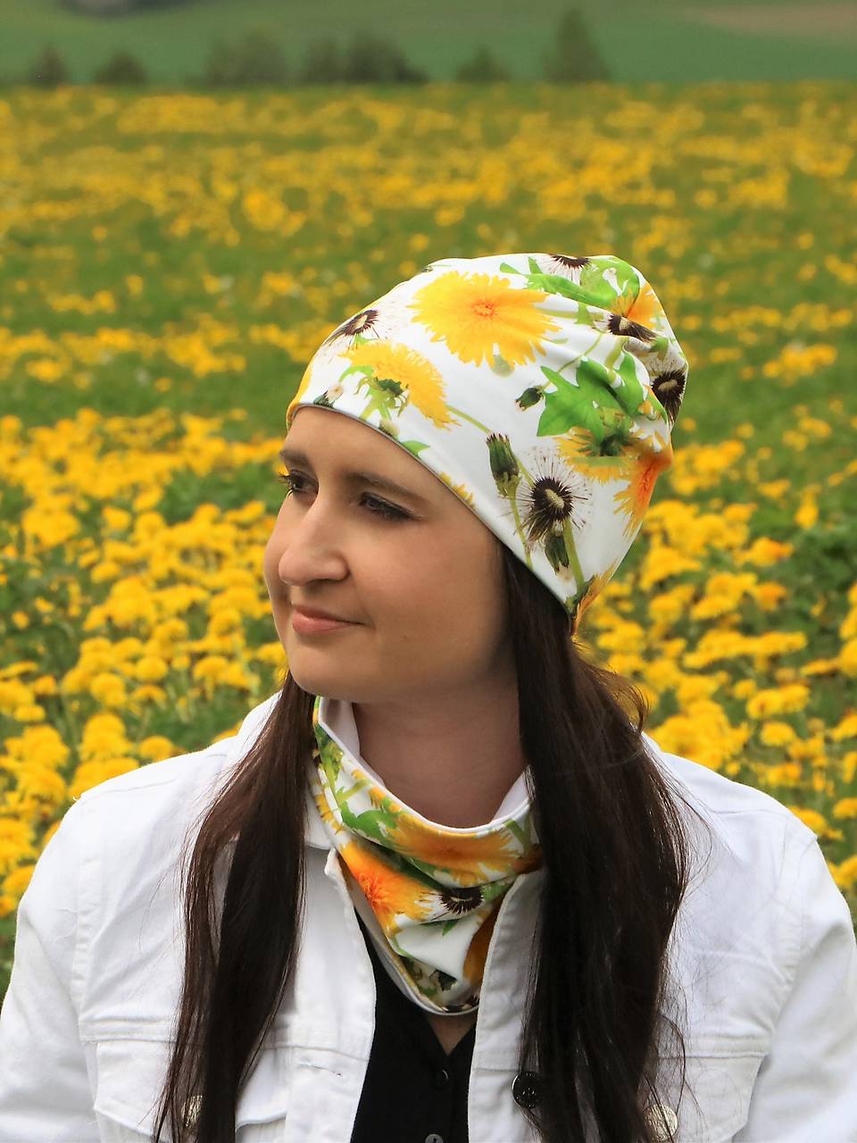 Púpavy biele úpletová čiapka, nákrčník alebo set