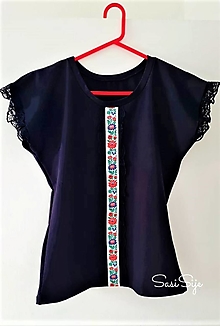 Topy, tričká, tielka - Čierne tričko s čipkou a follórnym prámikom - 14551501_