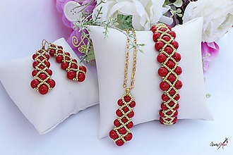 Sady šperkov - súprava z perličiek červeno-zlatá - 14556830_