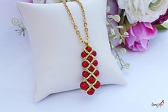 Sady šperkov - súprava z perličiek červeno-zlatá (náhrdelník z perličiek červeno-zlatý) - 14556849_