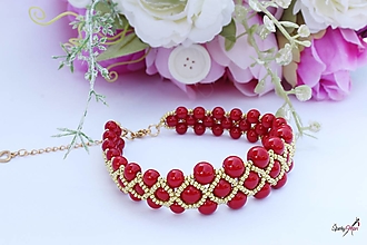 Sady šperkov - súprava z perličiek červeno-zlatá (náramok z perličiek červeno-zlatý) - 14557886_