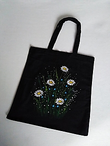 Nákupné tašky - Margarétky, nezábudky... maľovaná taška čierna - 14567751_