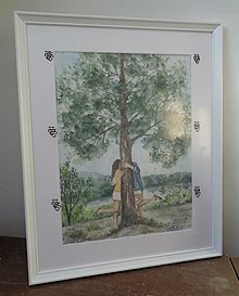 Obrazy - Bozk za stromom...(akvarel) (biely drevený rám) - 14574575_