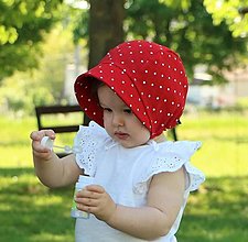 Detské čiapky - Letný detský ľanový čepiec bodka na červenej - 14588494_