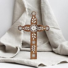 Dekorácie - Kríž drevený biely - lístky, 20cm - 14592260_