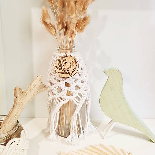 Makramé upcyklovaná váza alebo svietnik s vypaľovaným detailom (biela vysoká - Biela)