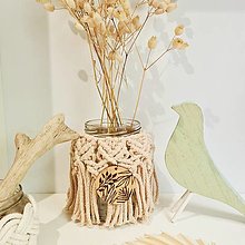 Dekorácie - Makramé upcyklovaná váza alebo svietnik s vypaľovaným detailom (stredná piesková - Béžová) - 14593995_