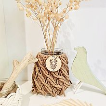 Dekorácie - Makramé upcyklovaná váza alebo svietnik s vypaľovaným detailom (stredná karamel - Hnedá) - 14593998_