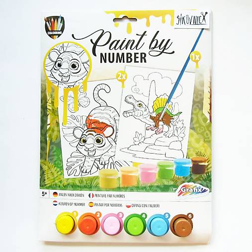 Maľovanie podľa čísel, 2 obrázky, (dinosaurus a tiger)
