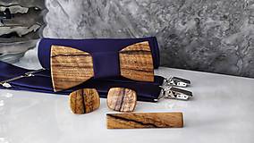Pánske doplnky - Pánsky drevený motýlik, manžetové gombíky, spona, traky vreckovka - 14595868_