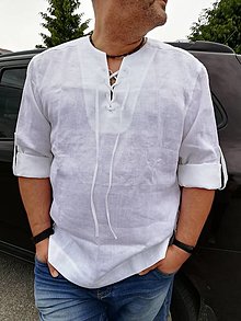 Pánske oblečenie - Jednoduchá ľanová FOLK košeľa - 14601186_