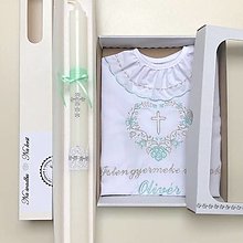 Detské oblečenie - Košieľka na krst  k05 mentolová so striebornou v darčekovom balení a sviečka na krst strieborný krížik - 14599956_