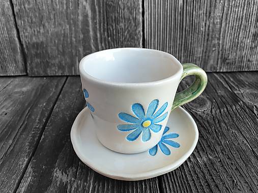 Nádoby - Šálka s tanierikom Kvety modré 180 ml - 14602134_