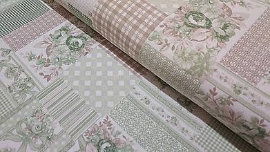 Textil - Látka ružičky režné a zelené na smotanovej (V patchworku) - 14605121_