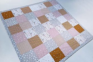 Detský textil - Ružovo-horčicovo-béžová patchworková deka 100*100cm - 14625278_