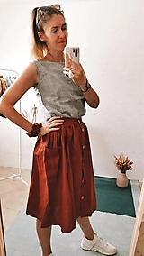 Sukne - Perlička - ľanová sukňa s veľkými našitými vreckami (tehlová) - 14629335_