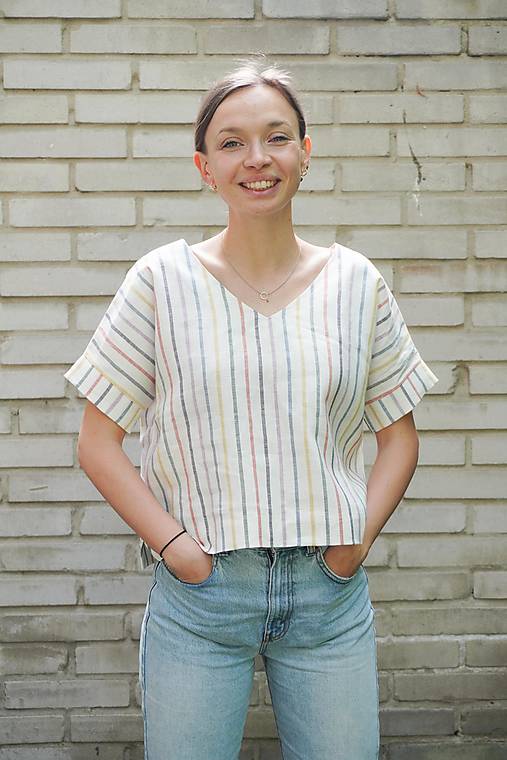 Topy, tričká, tielka - Ľano top_autorský ľan_farebné pásiky - 14629810_