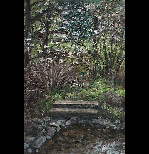 Lavička pri potoku, olejová impresionistická maľba