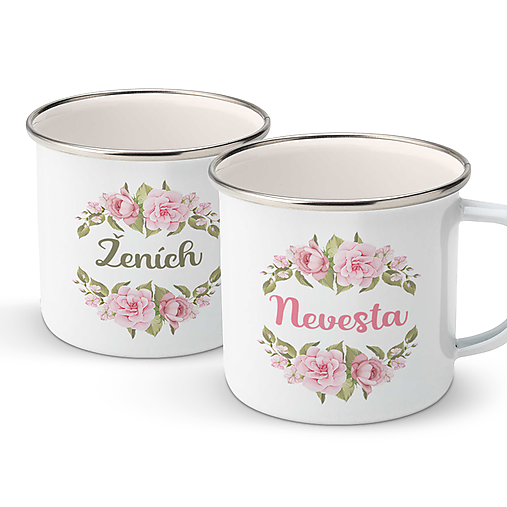 Nádoby - NEVESTA A ŽENÍCH double set smaltovaných hrnčekov - 14633821_