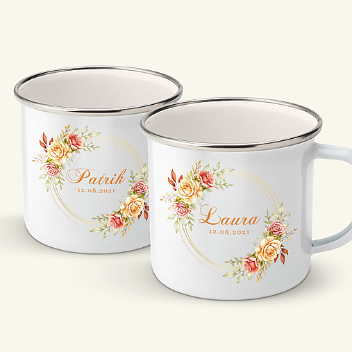 Nádoby - SVADOBNÝ double set smaltovaných hrnčekov - 14638790_