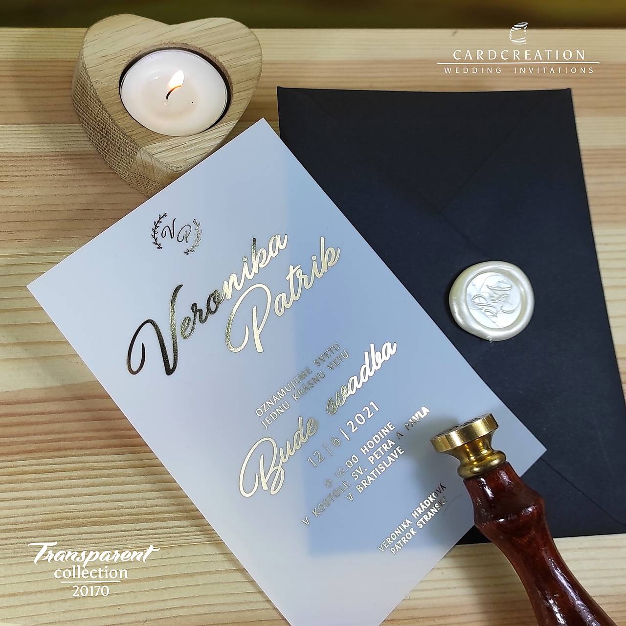Transparentné svadobné oznámenie 20170 - zlaté (101 a viac ks)