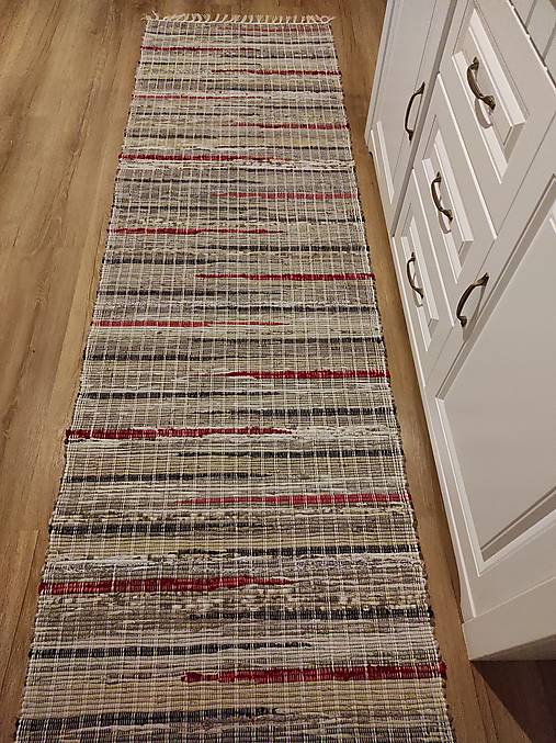 Úžitkový textil - Ručne tkaný koberec, Oker+ čer. a tm. hned. pásiky (80x200 cm) - 14643294_