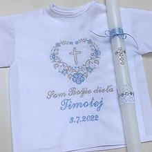 Detské oblečenie - Košieľka na krst  k05 svetlá modrá so striebornou a sviečka na krst strieborný krížik s modrou stuhou - 14648592_