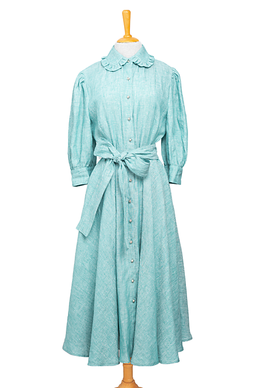 Ľanové košeľové šaty s kruhovou sukňou a golierikom s volánom – bledo tyrkysové