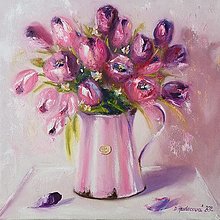 Obrazy - Obraz "Ružové tulipány v konvici"-olejomaľba, 40x40 cm - 14652116_